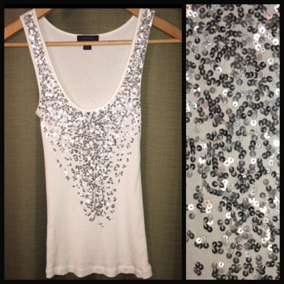 Express Tops - White Tank W/ Silver Sequins